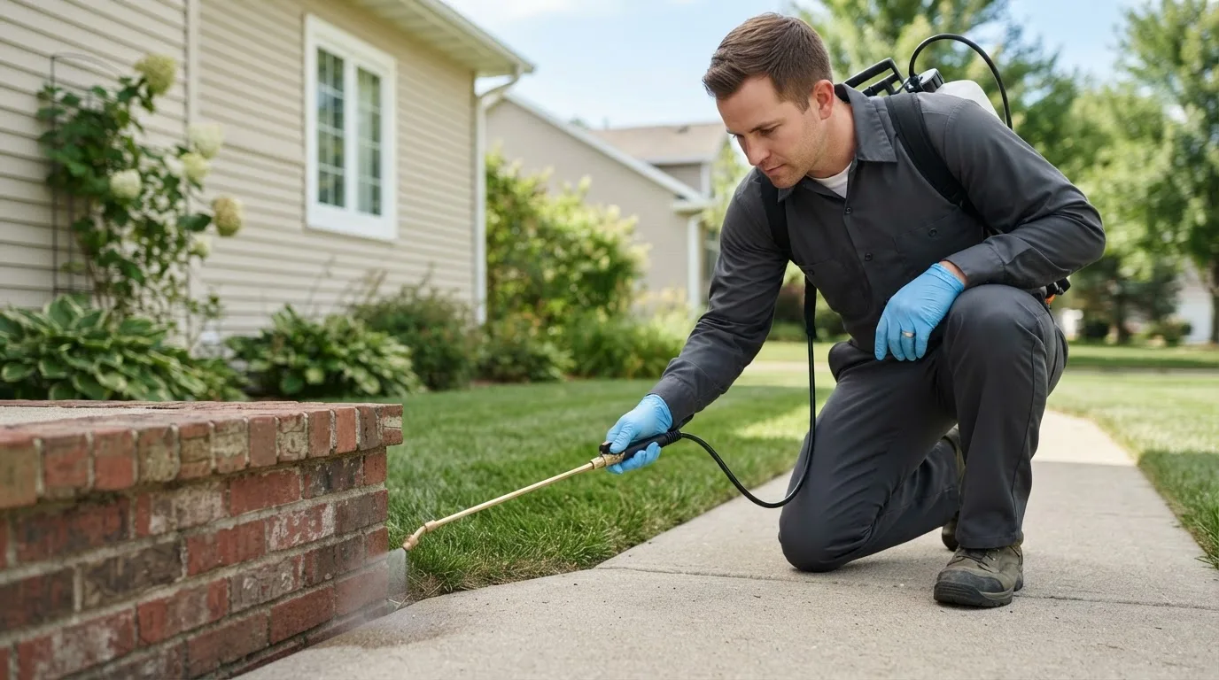 Pest control technician treating a home near Peterboro, NY