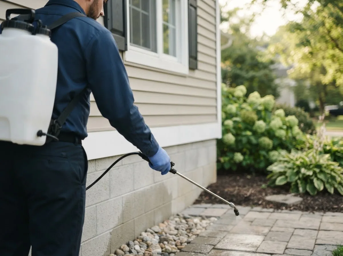 Pest control technician inspecting a home in Peterboro, NY